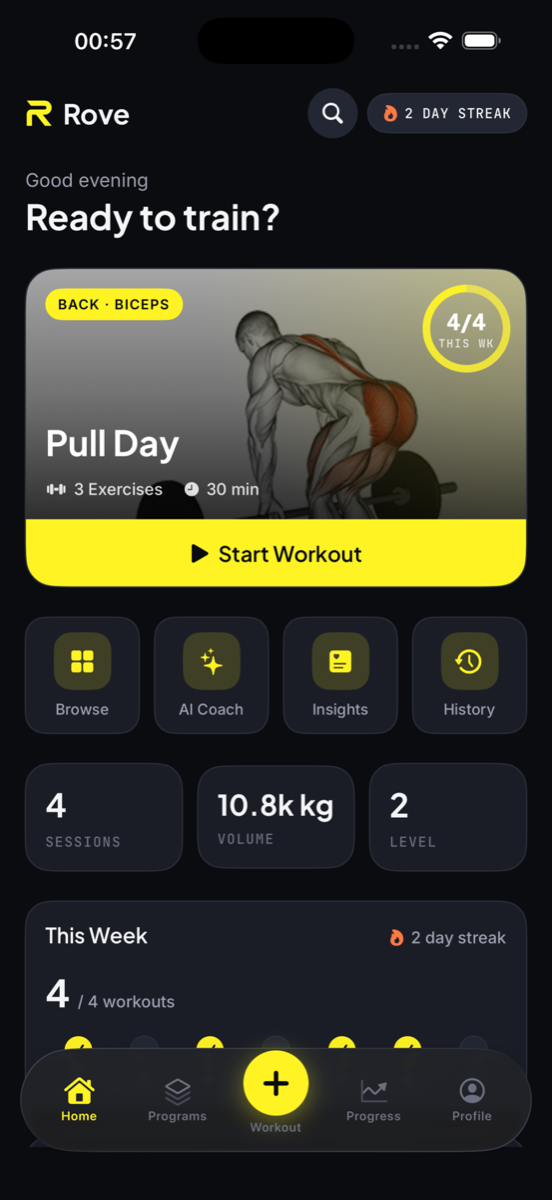 Rove home screen with today's workout